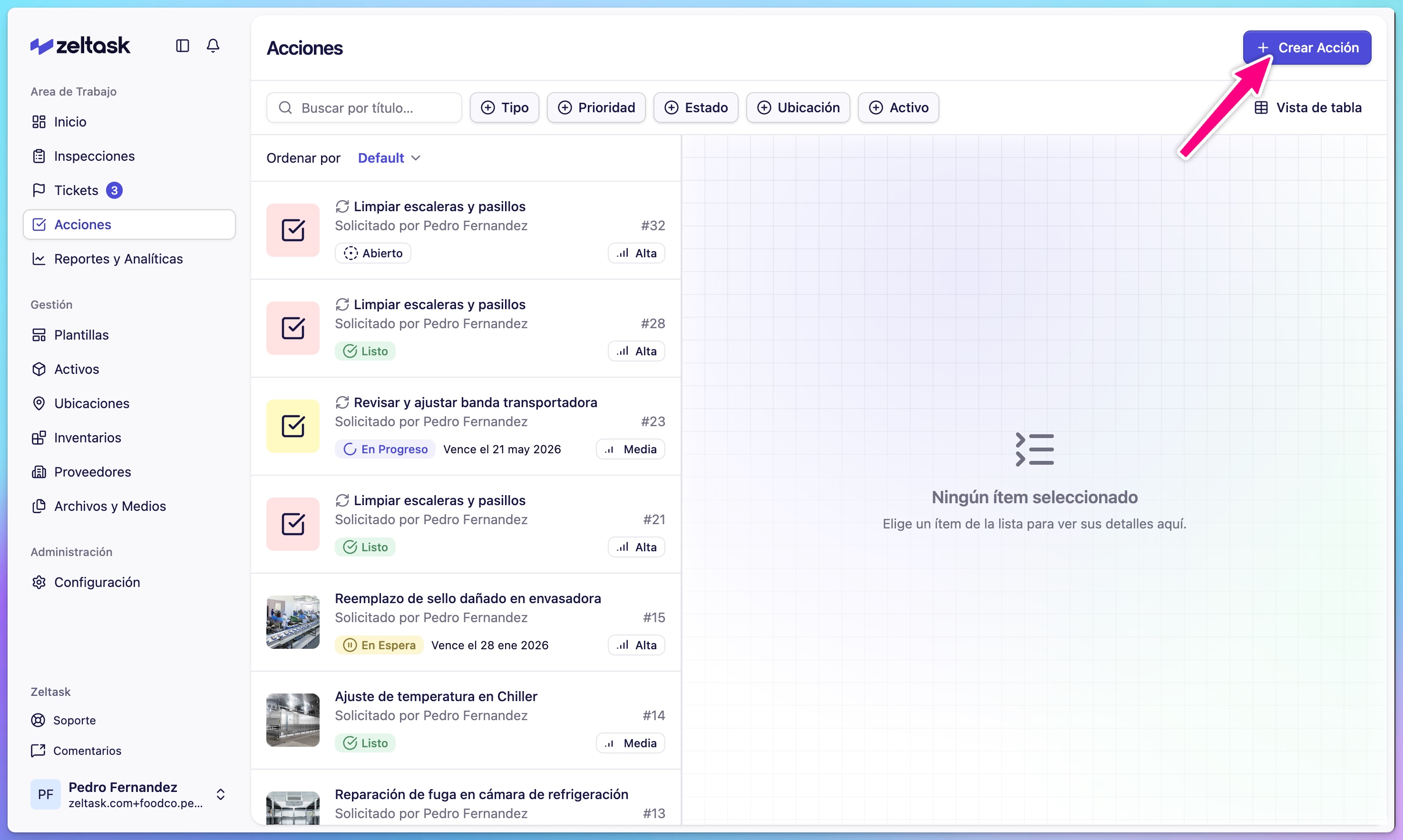 Create Action button highlighted in the top-right corner of the Actions module